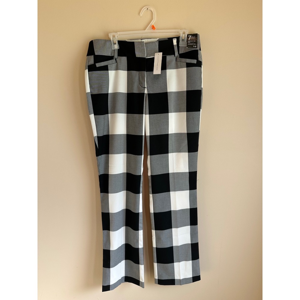 NWT New York & Company 7th Avenue Buffalo Plaid Straight Leg Pant Black White 10